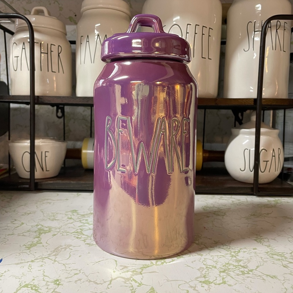 Rae Dunn Beware tall skinny canister